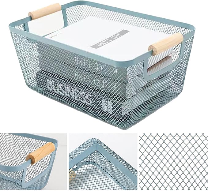 Metal Mesh Steel Basket, Medium Wire Storage Organizer Basket Multi-function Hanging Kitchen Basket with Wood Handle for Kitchen Bathroom Picnic Home, Rectangle-Blue