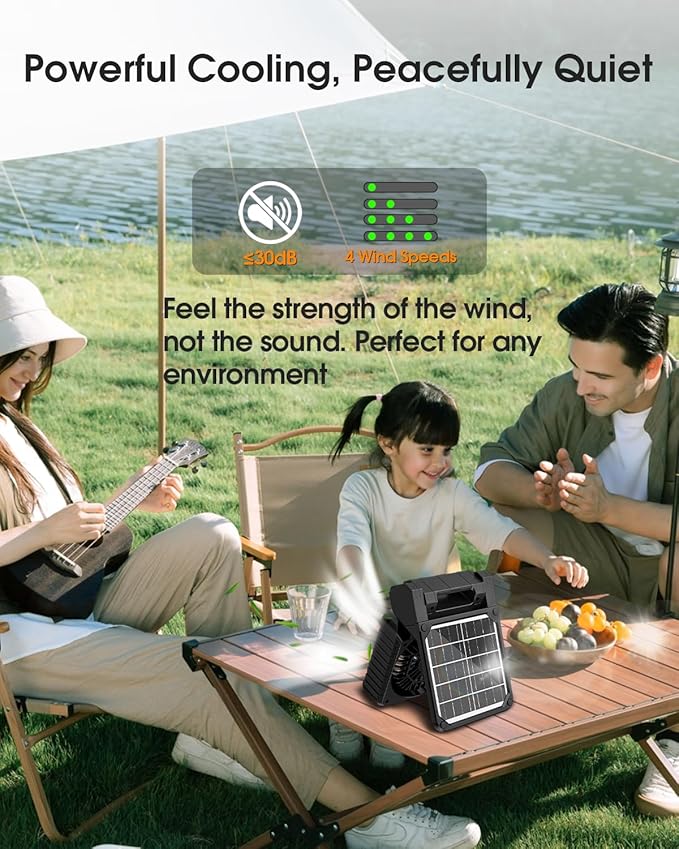 Solar Camping Fan 10400mAh, Solar Powered Fan with LED Lantern, 7W Rechargeable Battery Operated Fans for Outside, 4 Speeds, 2-8H Timer and Quiet Battery Powered Solar Tent Fans for Outdoor, Barbecue