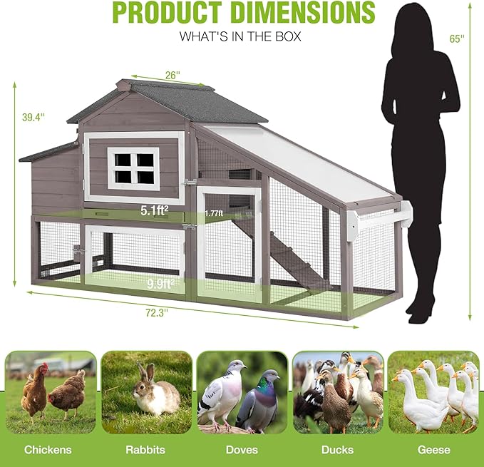 GUTINNEEN Large Chicken Coop with Wheels, Expandable Mobile Outdoor Chicken House, Hen House Poultry Cage with Nesting Box, Leakproof Pull-Out Tray & UV-Resistant Roof – Brown
