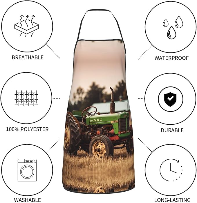 Kitchen Apron For Women Men Waterproof Heat Insulation Cooking Aprons Old Tractor Photo Farm Bib Apron With Large Pockets For Chefs, Bbq, Baking, Gardening, Salon