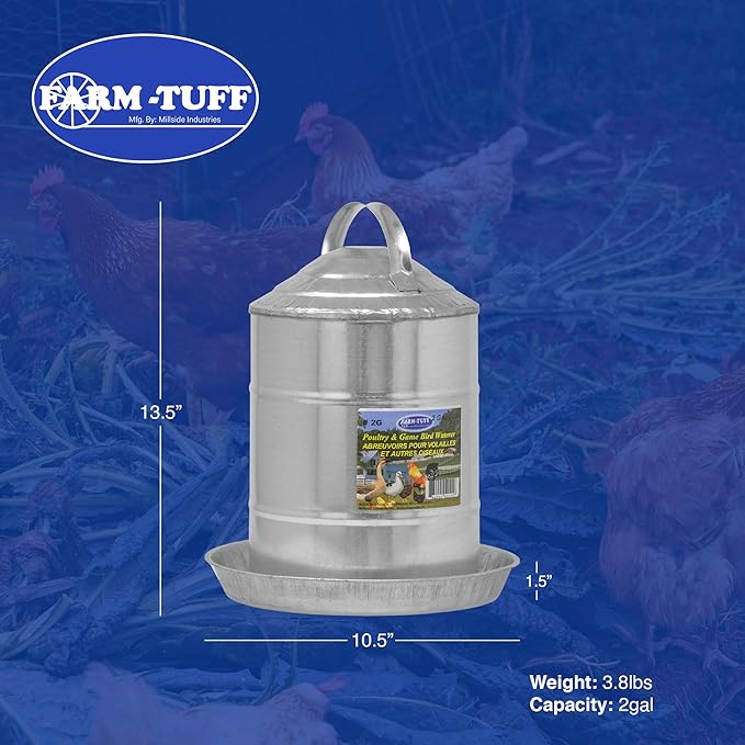 FARM-TUFF Galvanized Poultry Waterer, 2 Gallon Capacity - Double-Wall Poultry Fountain with Cone Top - Automatic Gravity-Fed Water Dispenser for Chickens, Ducks & Game Birds