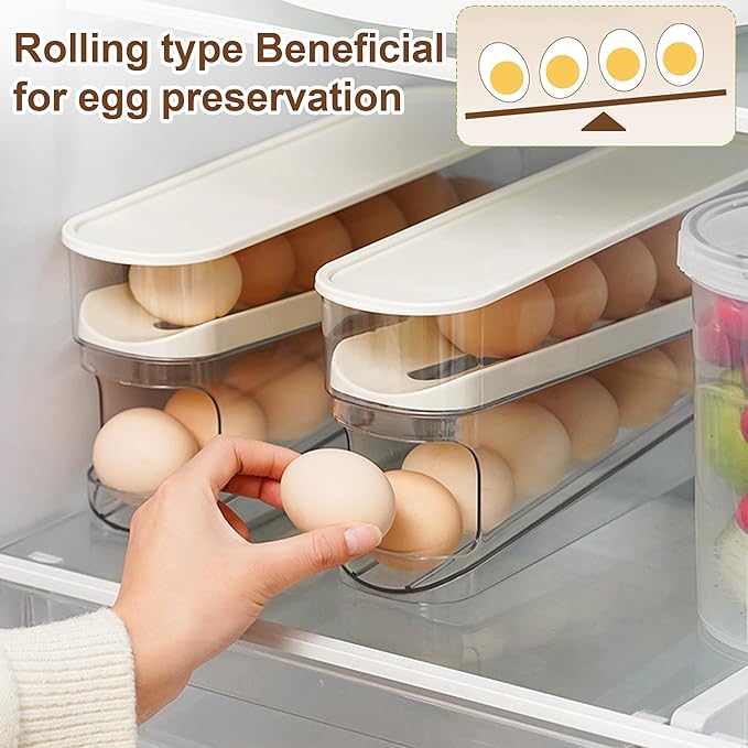 Egg Holder for Fridge, 2025 New Egg Organizer for Refrigerator Automatic Scrolling Eggs Rack Holder Rolling Dispenser, Stackable Fridge Container and Storage with Lid (1 Pcs)