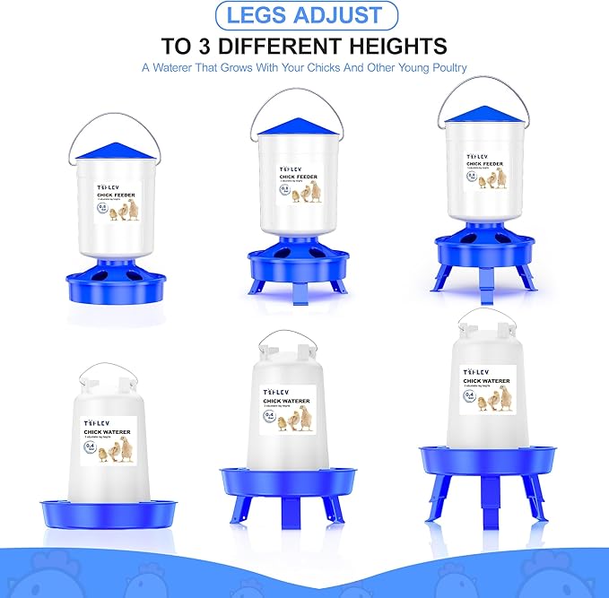 Baby Chick Feeder and Waterer Set with Adjustable Height, Scoop, Anti-Drown Poultry Waterer for Raising Chicks in Brooder (0.8 Gal Chick Feeder & 0.4 Gal Chick Waterer, Blue)