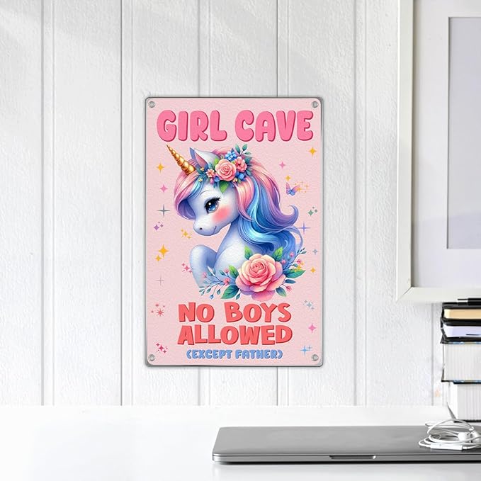 Girl Cave Metal Sign No Boys Allowed Except Father Pastel Wall Decor With Flowers Cute Bedroom And Playroom Decoration For Kids Lovers 8 x 12 Inch Outdoor Art