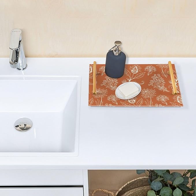 Bathroom Vanity Tray Counter Organizer, Orange Floral Pattern Decorative Tray with Handles Countertop Storage for Bathroom Bedroom Kitchen Home Farmhouse