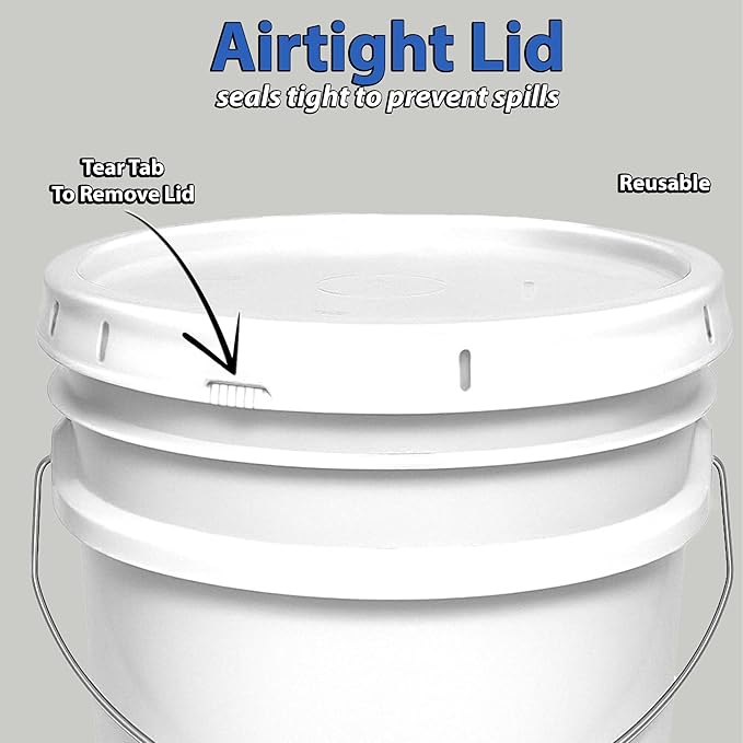 2-Gallon Bucket with Airtight Lid – Made in USA, Food Grade BPA Free Plastic, Heavy Duty Multi-Use, Metal Handle with Grip, Stackable Storage – White, 6 Pack