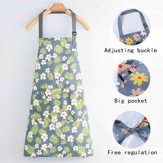 Floral Aprons with Pocket Blooming Women Waterproof Apron Adjustable Neck Long Ties Women Men Cook Baking Garden