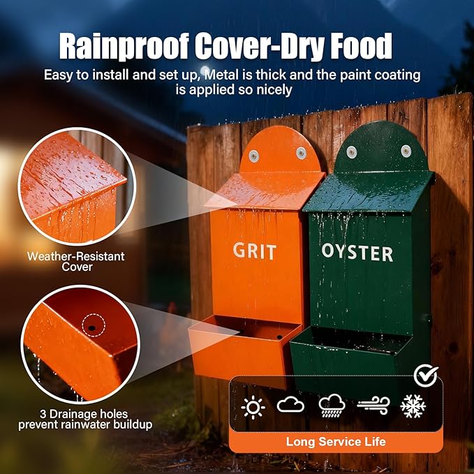 2Pack Chicken Grit and Oyster Shell Feeder,Heavy-Duty Metal Chicken Feeder with Lid Coop Accessories Supplies Hanging Gravity Poultry Feeders Trough for Strong Eggs