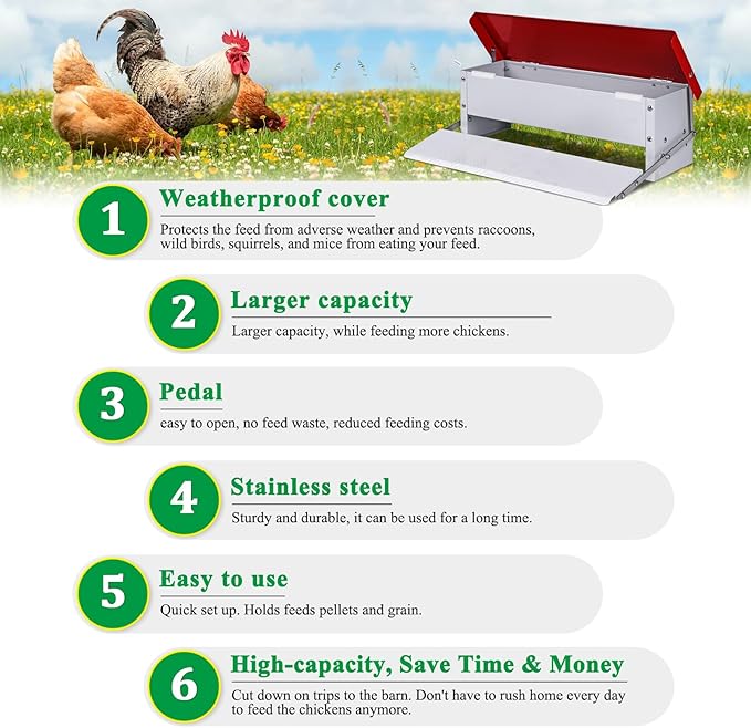 9L Automatic Chicken Feeder Treadle Rat Proof Metal Galvanized Poultry Feeders Treadle Chicken Feeder with Weatherproof Lid for Duck Turkey Outside No Waste