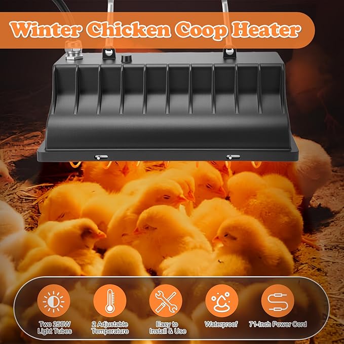 Chicken Brooder Heater for Chicks Coop with 2 Heat Lamps, 250W Hen Chick Warmer with Adjustable Height & Temperature, 6ft Cord, Aluminum Alloy Lamp Shade for Chicks Ducks Livestock Indoor