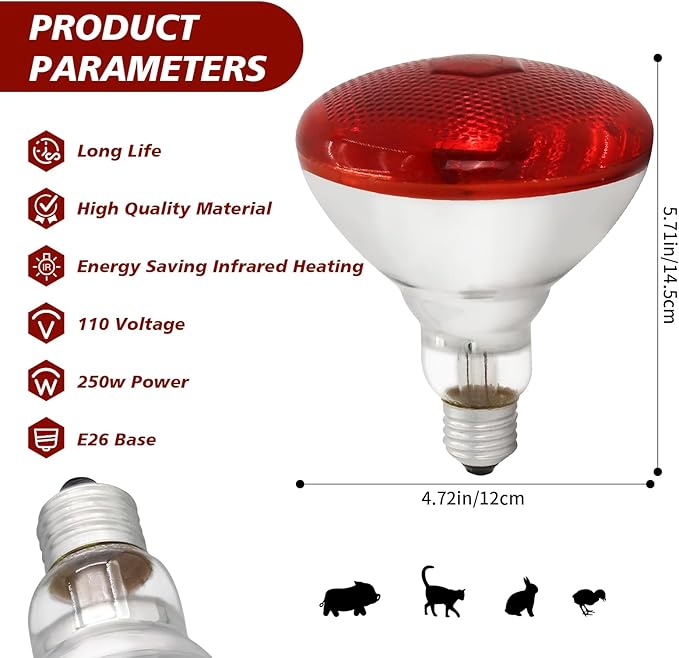 250W Red Heat Lamp Bulbs Infrared Flood Light for Chicken (2-Pack), Heat Light Bulb for Brooder Coop, Chickens Chicks Puppies Reptiles Livestock Poultry Use E26 Base