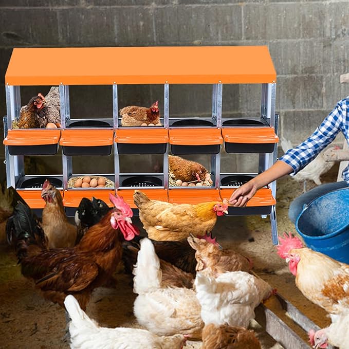 GarveeHome 2-Tier Chicken Nesting Box, 10 Compartment Metal Chicken Laying Boxes with Waterproof Roof ＆ Removable Trays for Hens, Poultry，Easy Egg Collection