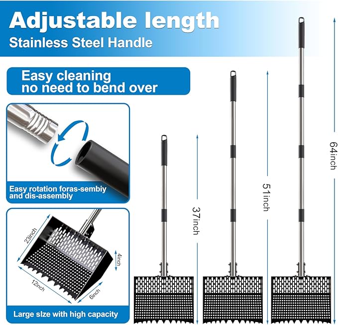 2-in-1 Chicken Poop Scooper & Rake 12-Inch Large Metal Shovel Head Adjustable Stainless Steel Handle (24 to 64") Litter Sifting Shovel Cleaning Tools for Chicken Run, Animal Farm (Black)