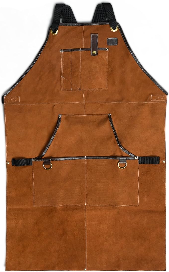LEATHER VILLAGE Work Apron - Heavy Duty Woodworking Apron for Men with Tool Pockets for Woodworkers, Blacksmiths, Carpenters – Tan Color (Size M to XXL)