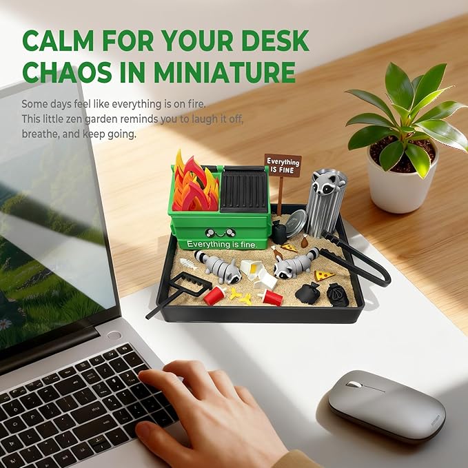 Dumpster Fire Zen Garden for Desk, Funny Mini Desktop Zen Sand Garden Kit, Funny Office Desk Accessory Stress Relief Gifts for Coworkers, Bosses, Friends, Birthday