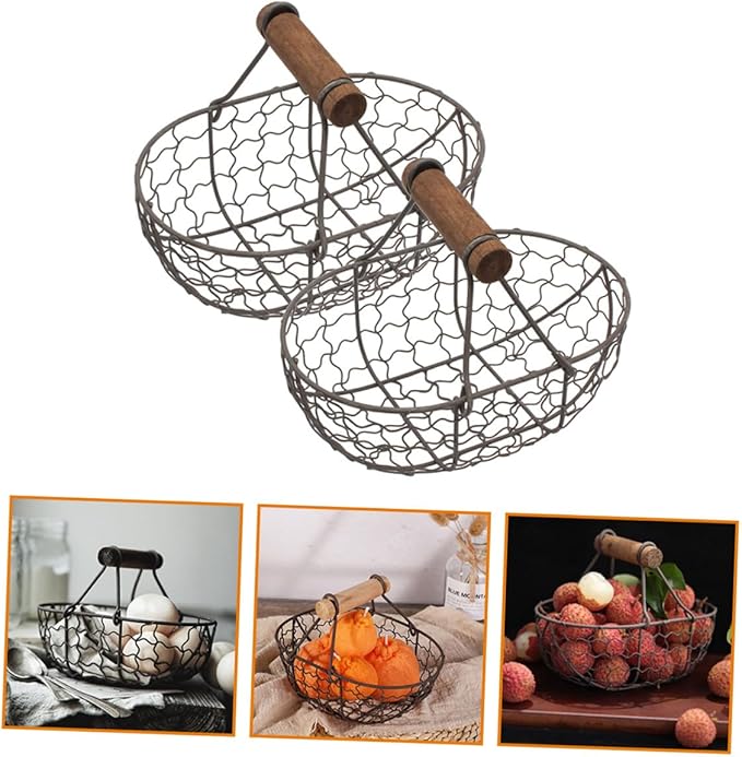 2pcs Iron Fruit Basket with Wooden Handles, Vintage Farmhouse Style Egg and Snack Storage Baskets, Small Gray-black Metal Kitchen Pantry Organizer