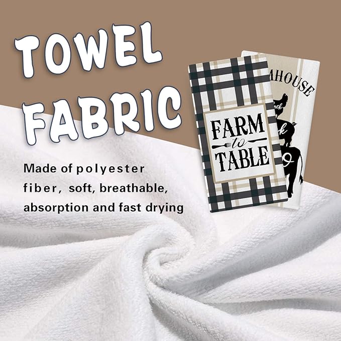 Farmhouse Animals Kitchen Dish Towels Set of 2, Chicken Pig Cow Chick Oink Moo Drying Hand Towel Baking Cooking Cloth, Farm to Table Buffalo Plaid Bathroom Home Decoration 18'' x 26''