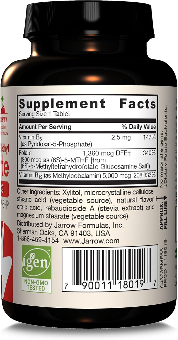 Jarrow Formulas Methyl B-12 & Methyl Folate, Bioactive Vitamin B9 and Vitamin B12 Supplement, Supports Cellular Energy Production, Healthy Brain Function & Metabolism, 60 Chewable Tablets, 60 Servings