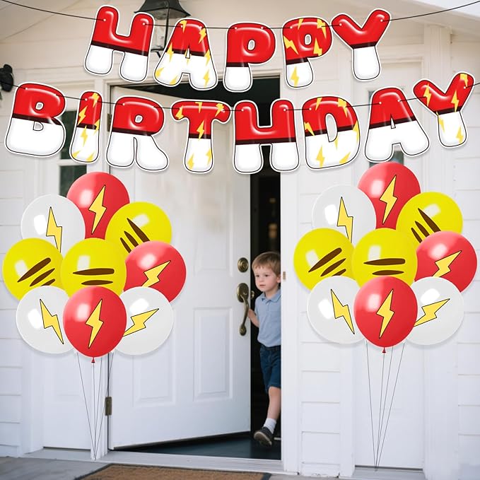 Cartoon Birthday Decorations Red White Yellow Happy Birthday Banner Balloons Cake Cupcake Topper for Anime Theme Party Decor Supplies