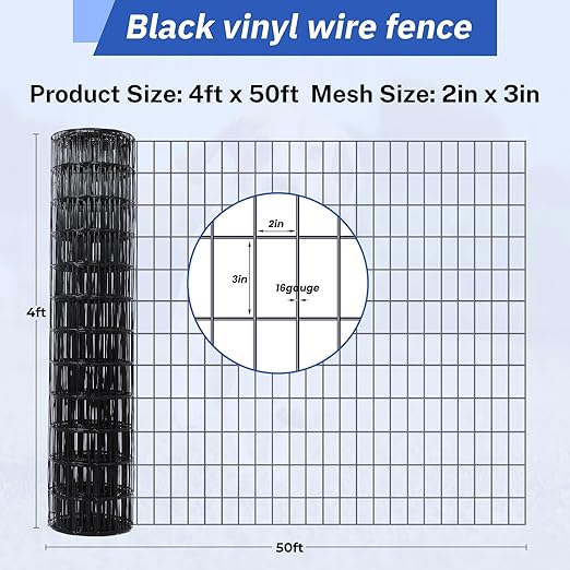 2×3in 48''×50' Welded Wire Mesh, Chicken Wire Mesh Metal Garden Plant Fencing, Black PVC Coated Raised Garden Bed Plant Supports Poultry Netting, Welded Fence Rabbit Cage