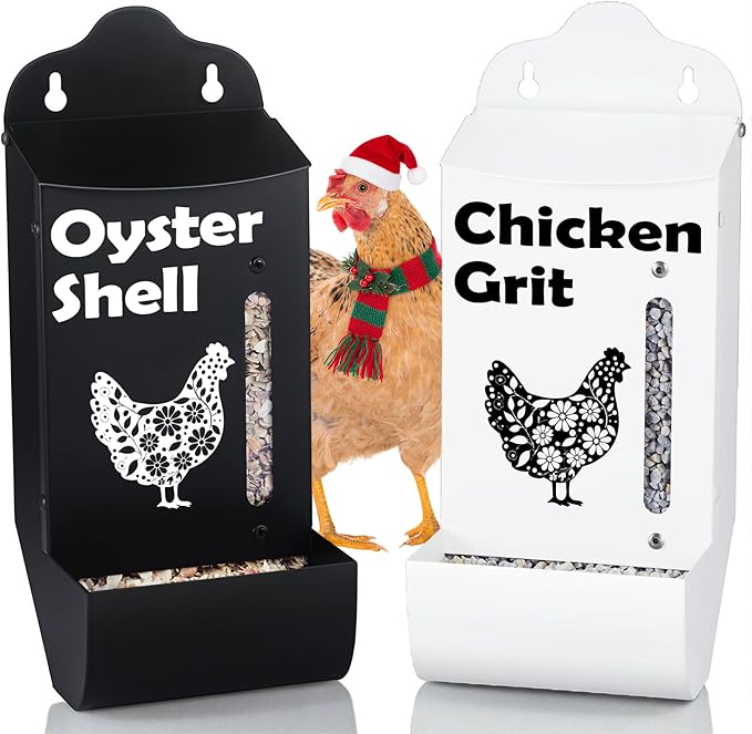 CluckRoots Chicken Grit and Oyster Shell Feeder Combo, No-Spill Weatherproof Heavy-Duty Design, Lift-Off Wall-Mounted Metal Dispenser w/View Window, Chicken Coop Accessories Gifts for Lovers Women
