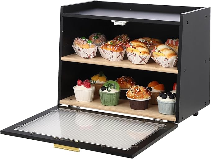 Garvee Double Layer Bread Box for Kitchen Countertop – Farmhouse Bread Storage Container with Window, Large Capacity Bamboo Bread Holder for Homemade Bread, Rolls & Muffins (Black & Gold)