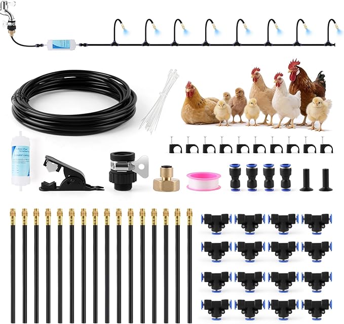 Kalolary 60FT Chicken Coop Misting Cooling System with 16 Adjustable Brass Nozzles(8mm), Complete DIY Poultry Cooling Kit with Filter Accessories, Summer Heat Relief for Coop Garden Greenhouse