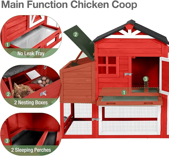 Outdoor Chicken Coop with Run, 2-Story Wooden Hen House with Wheels, Waterproof Roof & Pull-Out Tray for 2-4 Chickens (Red)