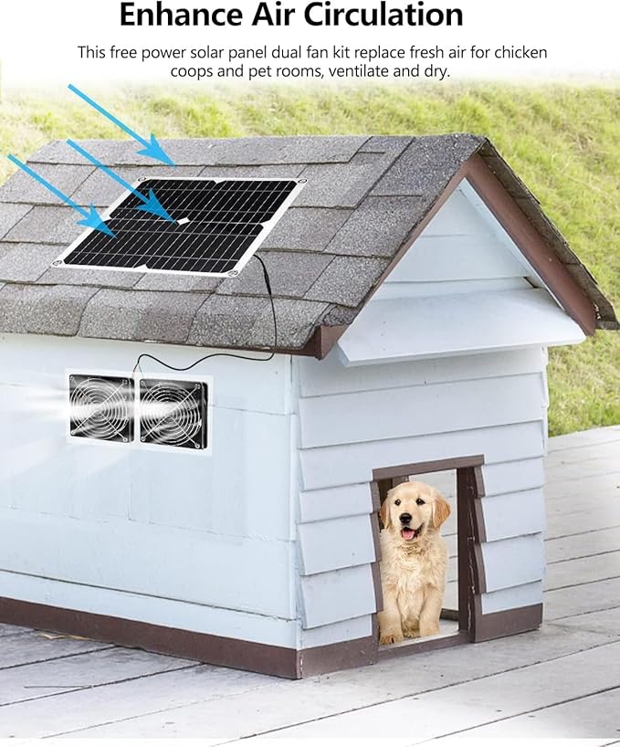 WININMETA Solar Powered Fan, 25W Solar Fan for Chicken Coop, Solar Exhaust Fan for Greenhouse, Shed, Pet Houses, Outside with Two 5In IP65 Waterproof Fans, 10Ft Cable, On/Off Switch, Intake or Exhaust