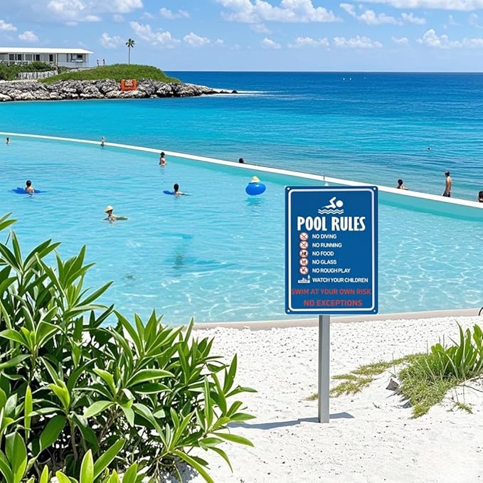 Metal Pool Safety Sign – Warning: Swim at Your Own Risk, No Diving, No Running – Weatherproof Outdoor Sign for Home Pools, Resorts, Beaches, and Water Parks – 8x12 Inches