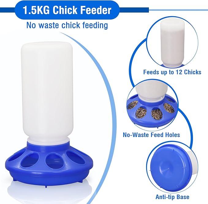 Chick Feeder and Waterer Set No Waste Automatic Chicken Feeder and 1L Waterer for Baby Chicks, Ducks, and Quail – Brooder Starter Kit (Blue)
