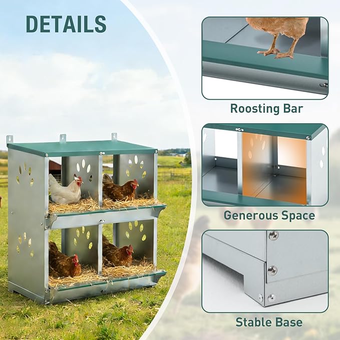 4 Compartment Metal Chicken Nesting Box, Roll Out Hen Laying Box for Easy Egg Collection, Wall Mount Poultry Nest Box for Backyard Chickens, Green, 22.05" L x 16.92" W x 25.59" H
