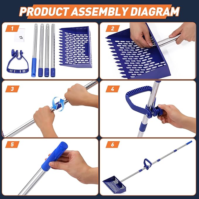 3-in-1 Chicken Poop Scooper & Sifting Shovel, 304 Stainless Steel Handle & Rake, Suitable for Sand, Chicken Coop & Livestock Farm Feces Cleaning, Litter Sifting Shovel Feces Sifter, Adjustable (35-62)