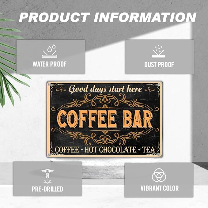 Good Days Start Here Coffee Bar Sign Vintage Metal Wall Decor Plaque For Kitchen Cafe Home Station Hot Chocolate Tea 12 x 8 Inch Aluminum Indoor Art Outdoor