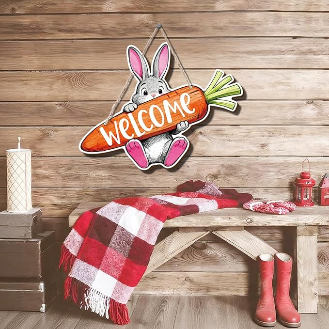 Farmhouse Decor Rustic Welcome Sign, Bunny Welcome Carrot Sign, Easter Bunny Decorations, Watercolor Farm Animal Wall Art Painting Style, Cute Spring Door Sign for Porch or Entryway, 11.8x9 Inches