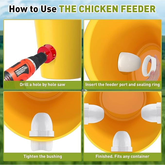 24 Pcs Chicken Feeder Kit and 24 Pcs Water Cup Kit, Gravity Poultry Waterer Cup and Poultry Feeder Port Set with Hole Saw and Sealing Tape, Chicken Feeder No Waste for Duck Bird Quail