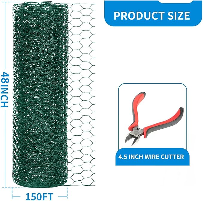 48'' x 150' Green Chicken Wire Fencing, 1 inch Chicken Wire and 19 Gauge Poultry Netting, Garden Mesh Fence Roll for Floral Arrangements/Crafts/Farm/Livestock/Pet Protection