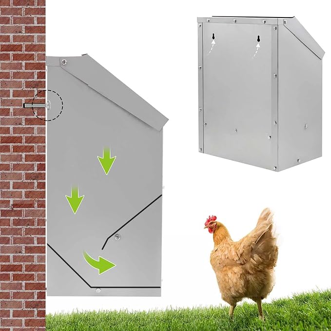 Stainless Steel Hanging Chicken Feeder with Lid No Waste Weatherproof Metal Automatic Poultry Feeder Wall Mount Outdoor Chicken Coop Food Dispenser Feeder for Chickens Ducks (25Lbs)