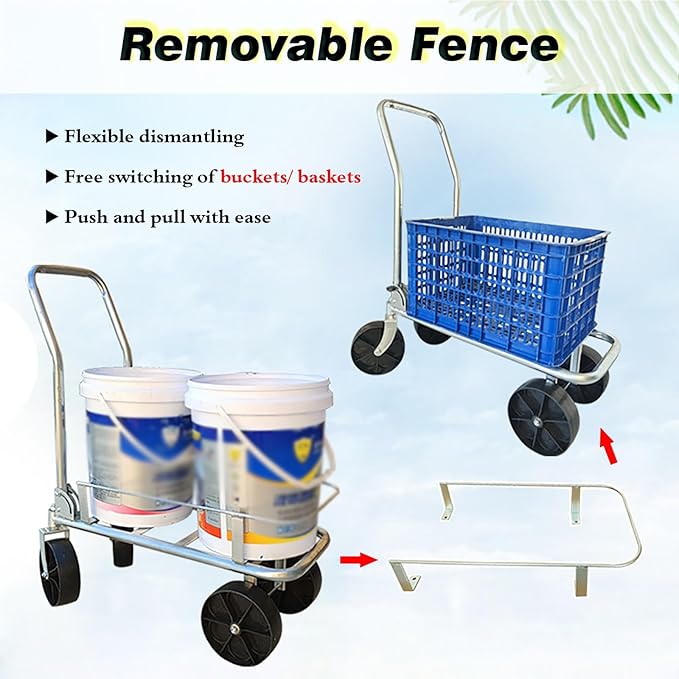 Pushable Utility Dual-Bucket Hand Truck for Farmland/Greenhouse, Galvanized Steel All-Terrain Hand Dollys with 7 Inch Large Wheels for Moving Farm Crop/Grocery