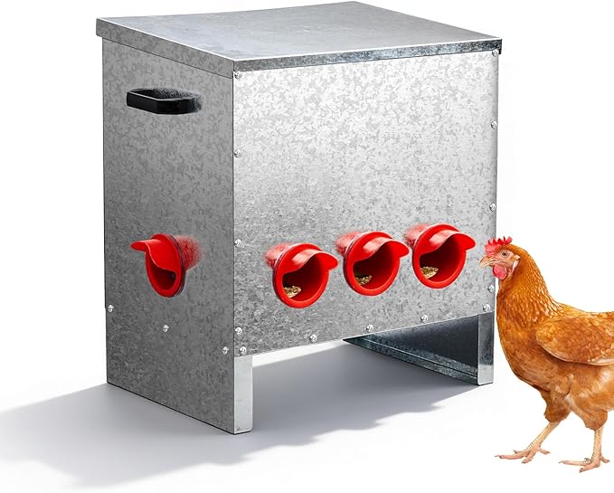 Outvita Metal Chicken Feeder 85 Pounds 5 Ports, No Waste Automatic Chicken Feeder, Metal Poultry Feeder with Handle for Chickens Duck Bantams Pheasants Poultry Coop Weatherproof, Rodent Proof