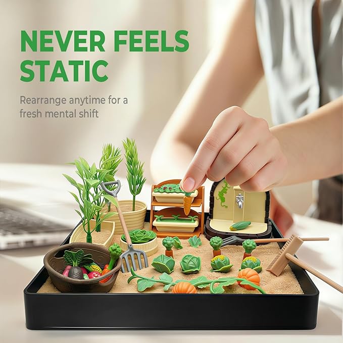 Vegetable Zen Garden for Desk, Vegetable Themed Desktop Zen Sand Garden, Stress Relief Sand Tray Therapy Kit, Office Desk Decor Accessories, Coworker Gifts for Birthdays