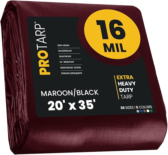 PROTARP Extra Heavy Duty 16 Mil Tarp Cover, Waterproof, UV Resistant, Rip and Tear Proof, Poly Tarpaulin with Reinforced Edges for Roof, Camping, Patio, Pool, Boat. (Maroon/Black 20′ X 35′)
