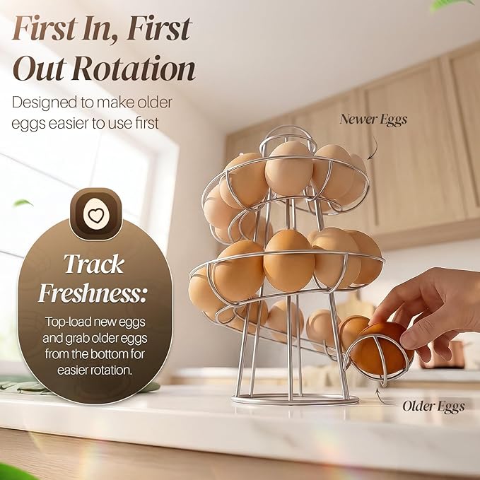 Flexzion Egg Skelter Modern Spiral Egg Holder Countertop (Medium Egg Display) - Freestanding Wired Countertop Egg Holder for Fresh Eggs, Dispenser Stand, Storage Rack for Kitchen, Silver