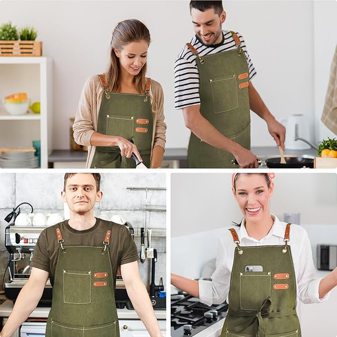 Chef Apron for Men Women Canvas Aprons with 3 Pockets Cross Back Resistant Work Apron for Cooking