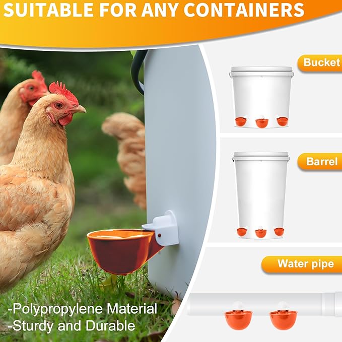 Chicken Water Cups 12 Pack, Automatic Filling Waterer Feeder Bowl, Gravity Poultry Watering System, Chicken Water Dispenser, Chicken Coop Accessories for Hens, Duck, Goose, Turkey (Orange)