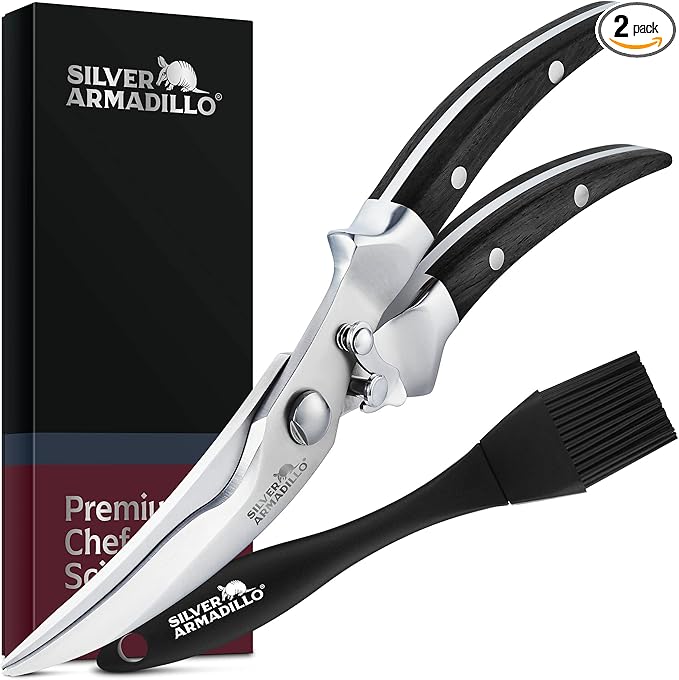 Heavy Duty Poultry Shears - Professional Stainless Steel Kitchen Scissors for Bone, Chicken, Meat, Fish & Vegetables - Spring Loaded (Black Wood Handles)