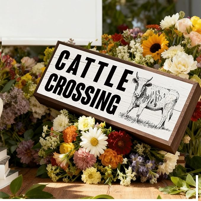 Animal Decor, Cattle Crossing Sign, Tabletop Decors, Rustic Farmhouse Wall Decor Art for Home, Living Room, Office, Entryway, Funny Bar Signs, Porch Decors 9.5x3.1x1 inches