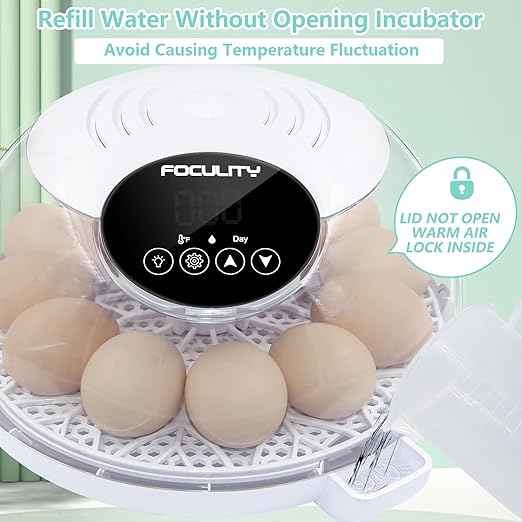 Egg Incubator for Hatching Chicks, Holds 12 Eggs, Automatic Egg Turner with Temperature, Humidity Display, Egg Candler, Automatic Egg Turner, 360 Degree View with Clear Window