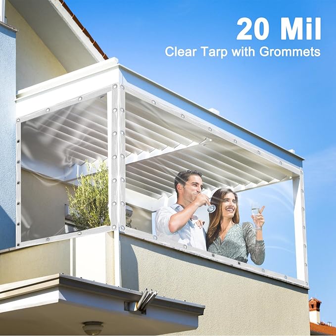 Clear Tarp 8x20ft Clear Tarps Heavy Duty Water Resistant,20Mil Thickened Transparent Tear Resistant PVC Vinyl Tarpaulin Enclosurewith Grommets and Reinforced Edges for Patio,Porch and Multipurpose