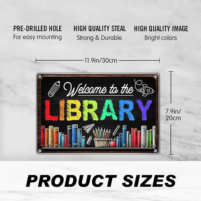 Welcome To The Library Sign 12 x 8 Inch Metal Wall Decor Chalkboard Style Colorful Book Lover Reading Corner Classroom Teacher Student School Decoration Art Home Outdoor